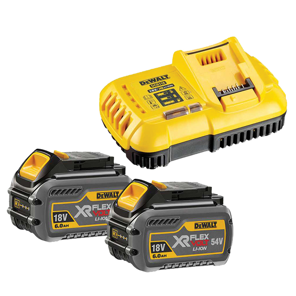 KIT de 2 batteries haute puissance XR 54V/18V FLEXVOLT 6Ah + chargeur de batterie - DeWALT - DCB118T2-QW KIT de 2 batteries haute puissance XR 54V/18V FLEXVOLT 6Ah + chargeur de batterie - DeWALT - DCB118T2-QW